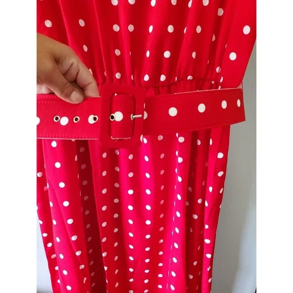 Vtg Blair Sz L Rockabilly Midi Dress Sleeveless Red White Polka Dot Long Belted - Picture 10 of 11